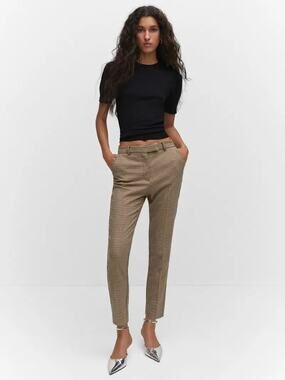Mango Brown Micro Check Skinny Crop Dress Pants Womens 8 Career Stretch
